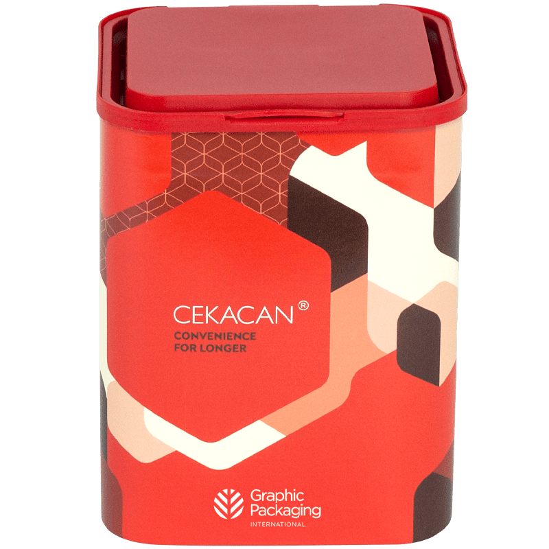 Mit einem Klappdeckel für einfaches Ausgießen ist Cekacan™ eine faserbasierte Alternative zu starren Kunststoffbehältern und eignet sich ideal für Trockenwaren und Pulver.