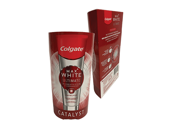 Neue Papierverpackung Colgate Max White Ultimate-Zahnpasta